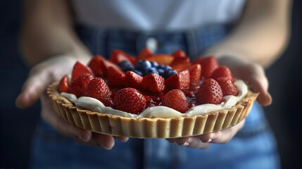 Poster -   Close-up of a person holding a pie with strawberries and blueberries inside