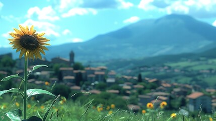 Poster -   Sunflower in field with distant town view & mountain foreground