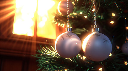   Three ornaments dangle from a Christmas tree, illuminated by sunlight streaming through the window behind