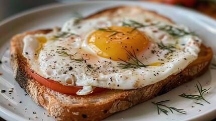 Sticker -   A white plate holds a toast slice with an egg and tomato on top of a bread slice