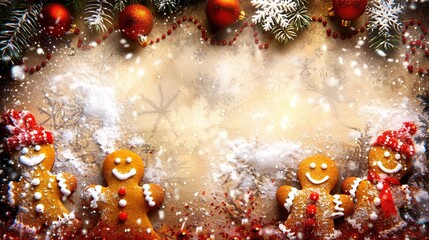 Canvas Print -   A gingerbread men group stands near Christmas tree; snow falls above them