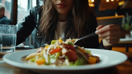 A woman is eating a salad with a fork