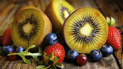 Sticker -   A Kiwi sliced on a wooden table with strawberries nearby