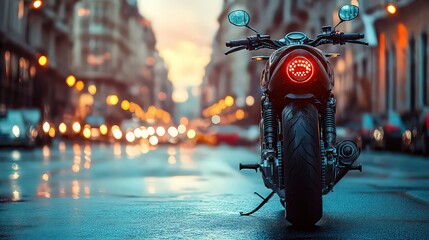  motorcycle parked on a city street at dusk, with blurred city lights in the background.