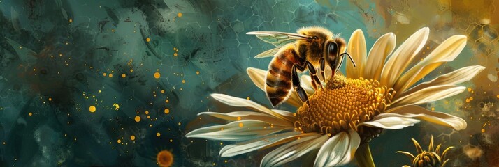 Canvas Print - A Honeybee Collecting Pollen from an Ornate Daisy Flower for Pollination