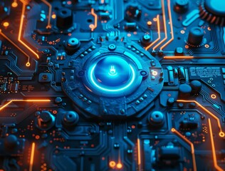 Poster - Glowing blue power button on a futuristic circuit board with orange lights