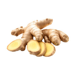 a Ginger root One whole and cut slices, Isolated on transparent PNG background, Generative ai