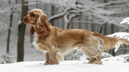 Poster -   A dog standing in snow with trees behind