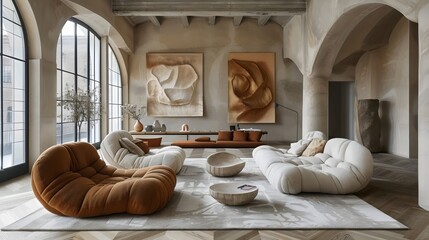 A living room with a white couch and two brown couches