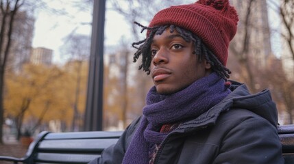 Wall Mural - A man wearing a red hat and a purple scarf sits on a bench in a park