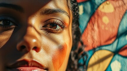 A woman with a red face paint on her face