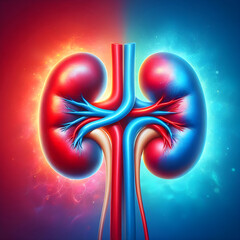 Wall Mural - Red and Blue Kidneys on a Vibrant Split Color Background