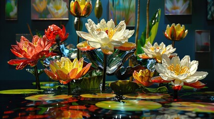 Sticker -   Water lilies float on water surface with lily pads below