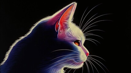 Wall Mural -   A high-quality image of a cat's face with bright red, white, and blue hues against a dark background