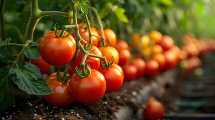 Canvas Print - A row of ripe red tomatoes hanging from a plant