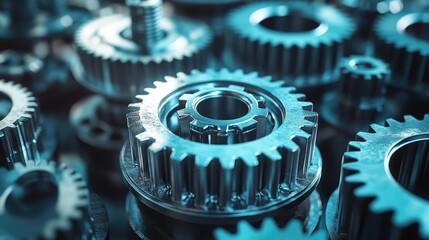Aufkleber - Close-up view of shiny metallic cogwheels forming a gear train