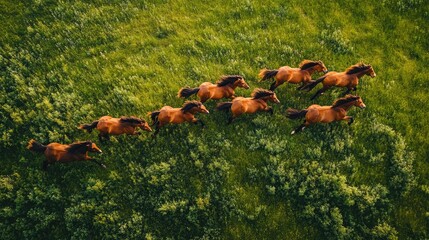 Wall Mural - herd of horses running above green forest in summer