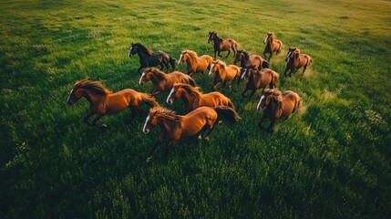 Wall Mural - herd of horses running above green forest in summer