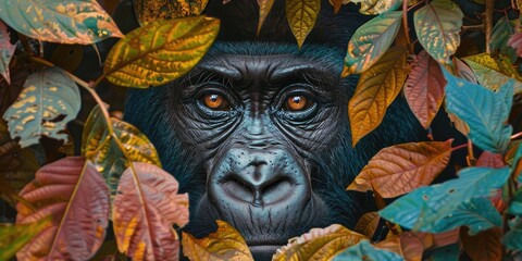 Poster - A curious gorilla peeking through foliage