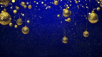Wall Mural - Golden Christmas ornaments hang on a dark blue background with copy space for text. Christmas and New Year holidays concept.