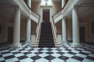 elegant white staircase with black railing in luxurious hall