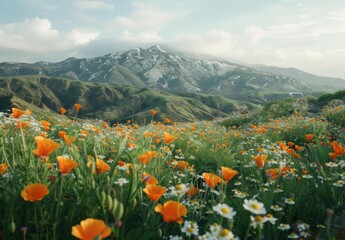 Sticker - A field of orange and white flowers in a green meadow. AI.