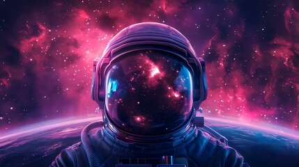 a space suit astronaut is standing on a planet with a purple sky