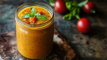 Spicy curry gazpacho in a preserving jar, food photography, 16:9