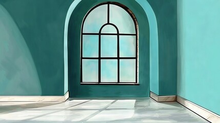 Wall Mural -  A blue-walled room with a window and a feline lounging on the floor