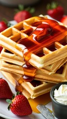 Wall Mural - A stack of waffles with syrup on top and strawberries on the side