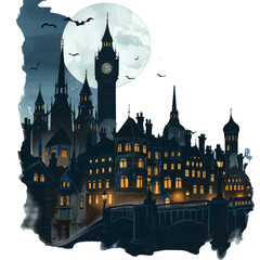 Wall Mural - Illustration of westminster at night with big ben illuminated under a full moon