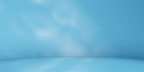 Poster - Blue minimalist curved studio for product presentation. Empty room with shadows of tree leaves. 3d room background with copy space. 3d render illustration