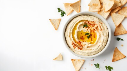 Wall Mural - A realistic top view of a bowl of creamy hummus drizzled with olive oil and sprinkled with paprika, served with pita chips on a white background