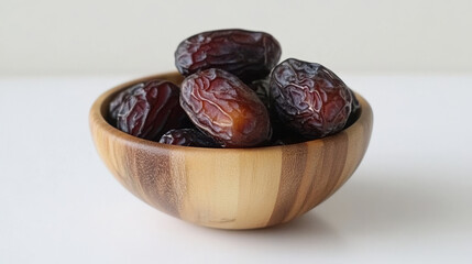 Wall Mural - Dried dates, a popular fruit during Ramadan, are displayed in a wooden bowl on a white surface.