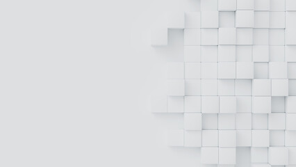 Aufkleber - White cubes with random size on white backdrop. A place for text on the left. Abstract 3d render illustration geometrical concept background.