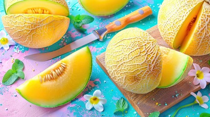 Poster -   A melon cut into pieces sits on a wooden cutting board with a knife nearby