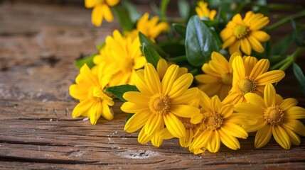 Wall Mural - Yellow Flowers on a Rustic Wooden Surface