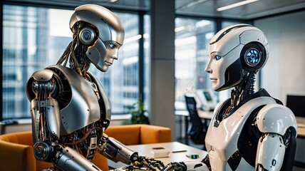 Poster - Advanced Android Robot Collaborates With Human in Modern Corporate Office Environment for Enhanced Teamwork and Productivity