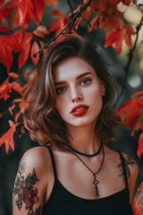 a striking portrait of a woman with red lips, set against a backdrop of autumn leaves, exuding beaut