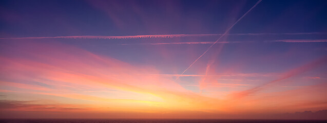 Wall Mural - Dramatic Colorful Sunrise Sky over North Atlantic Ocean. Cloudscape Nature Background.