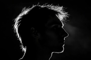 Wall Mural - Shadow play with a silhouetted head and shoulders of a man, backlit, black background