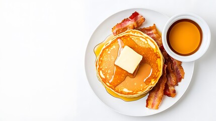 Wall Mural - A realistic top view of a classic American breakfast of pancakes with syrup, butter, and a side of crispy bacon, placed on a clean white background, American Food