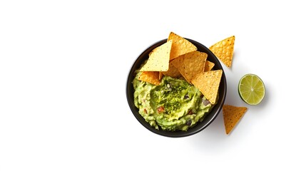 A realistic top view of a bowl of rich and creamy guacamole with tortilla chips and a sprinkle of lime zest, set against a white background