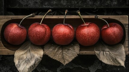 Poster -   Four red apples sit on a wooden cutting board near a green plant