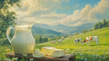 Fresh milk and butter set against a scenic backdrop of grazing cows in a lush, green meadow.