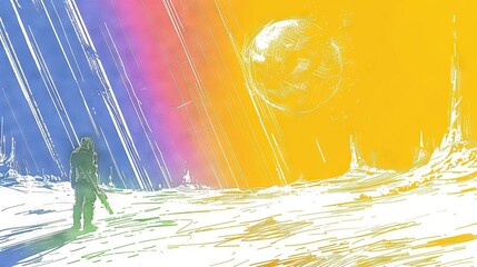 Wall Mural -  A man facing a rainbow-colored backdrop with a spaceship in the distance and a faraway object