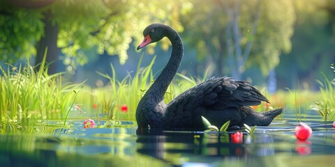 black swan 3D animation cartoon style, colorful, happy, friendly, 3d cartoon, nature, outdoors 