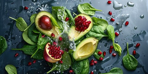 Wall Mural - An image featuring a Splash of Pomegranate Avocado Spinach