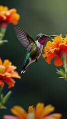 Canvas Print - Vibrant bloom hummingbird hover