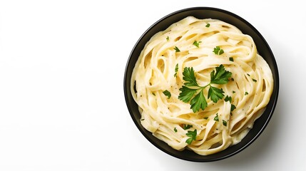 Wall Mural - A realistic top view of a bowl of creamy Italian fettuccine Alfredo with parsley garnish, set against a white background